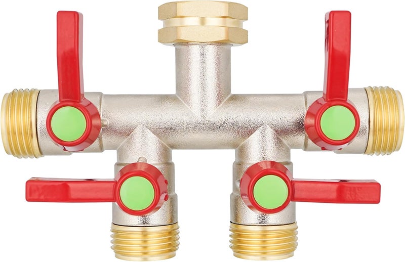 DINGBAI Hose Splitter 4 Way, High Flow Garden Hose Splitter, 3/4” Ght Inlet Brass Heavy Duty Hose Converter, Full Flow water 4 Way Faucet hose splitter, Long Handle Hose Valve Large Outlet. - Image 1